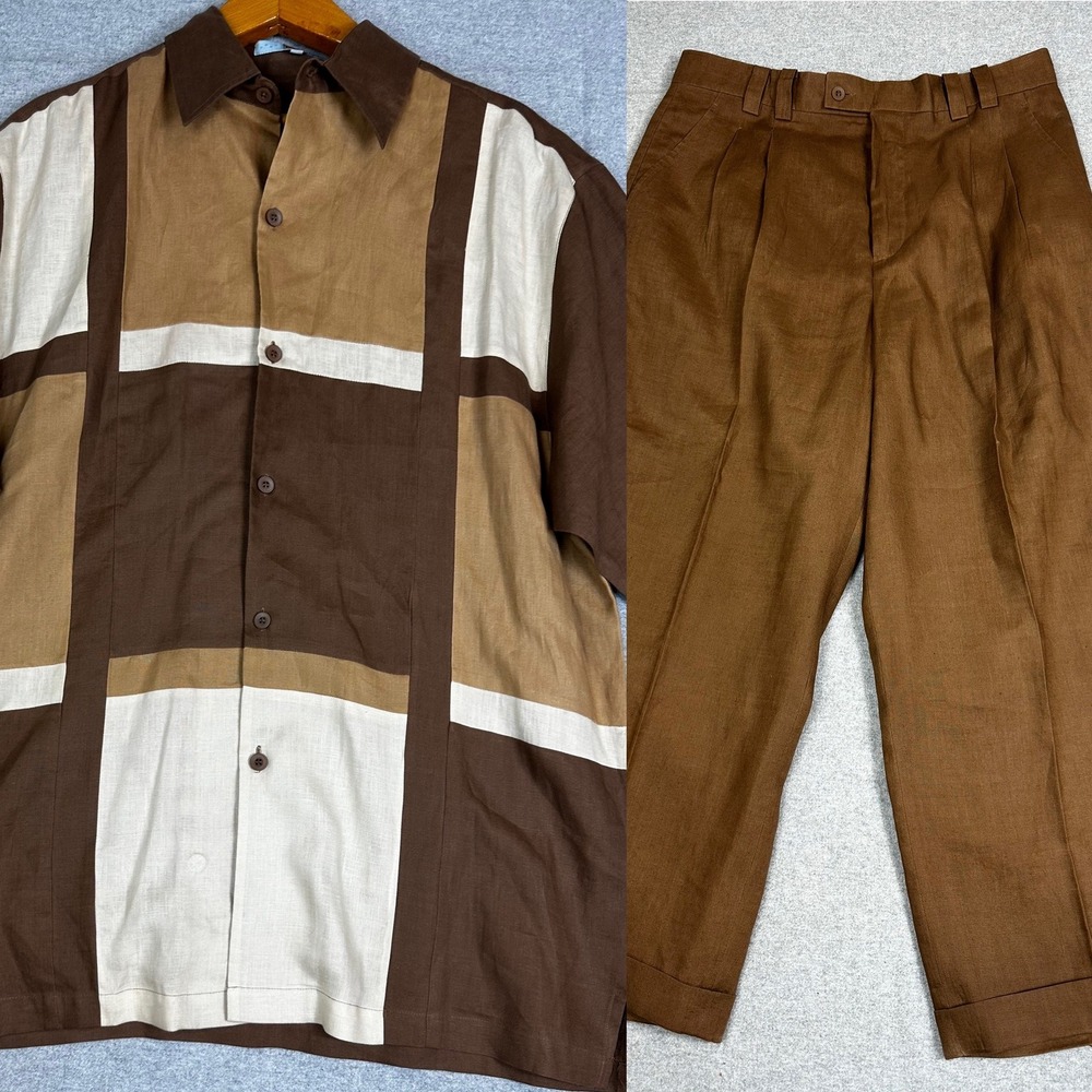 VTG Linen 2 Piece Set Shirt Pants 36x27 Brown Colorblock Pleated Lorenzino
